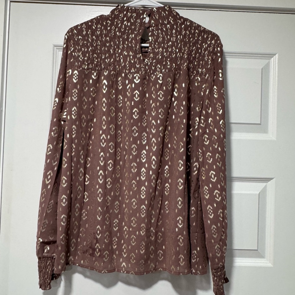 Mystree Brown and Gold Smocked Blouse - Picture 6 of 11